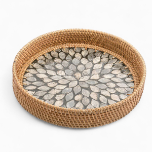 Plateau rond en rotin avec incrustation de nacre, vente en gros, vaisselle décorative pour hôtels, restaurants, export - Product Image 6
