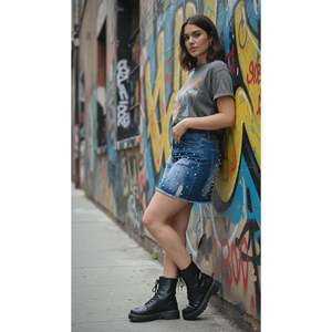 Gonna in denim vintage taglie forti con borchie di perle, design a trapezio casual-formale, lunghezza mini per l'estate - Product Image 2