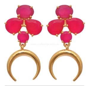 Pendientes colgantes finos de estilo único clásico de Plata de Ley 925, piedras preciosas de Calcedonia fucsia Natural chapadas en oro, cóctel de 4cm - Product Image 1