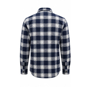 เสื้อเชิ้ตทำงานแขนยาวลายสก็อตสีขาวกรมท่าสำหรับผู้ชาย ผ้าฝ้ายใส่สบาย พิมพ์ลายโลโก้ด้านหน้า - Product Image 3