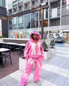 ชุดเสื้อฮู้ดผ้าซาตินแบบกำหนดเองมีซิปโอเวอร์ไซส์แบบมีซิปปักลายไม่มีเชือกตัดเย็บแบบมีฮู้ดและกางเกงวอร์ม - Product Image 5