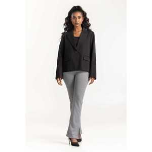 Pantalon évasé pied-de-poule gris 224-220-002, taille haute, infroissable, formel - Product Image 1