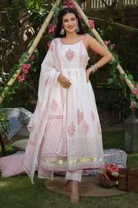 Collection indienne pour femmes sans manches à volants longueur au genou sans manches pour femmes Mulmul rose imprimé Anarkali ensemble Kurti vente en gros - Product Image 4