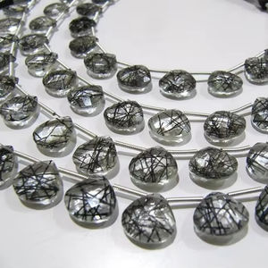 Cuentas de Cuarzo Hidro Negro Rutilado de Alta Calidad, Forma de Corazón, 11-12 mm, Cuentas Briolette, Hilo de 8 Pulgadas, Color Negro, Joyería - Product Image 1