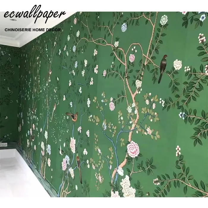 Chinoiserie Panels Chinoiserie Mural Hand Painted Wallpaper on emerald green silk 3ft x 8ft/panel - accept custom size