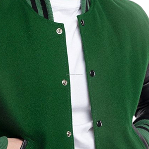 Blouson universitaire unisexe style américain en laine avec manches en cuir, fermeture éclair, coupe bomber, patchwork tactique uni - Product Image 4