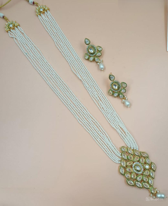 Indian Fancy Traditional Motipearl Drop & Kundan Long <b>Mala</b> Pendent <b>Necklace</b> Set GoldTone Kundan Pearl Long <b>Necklace</b> Earring Set - Product Image 1