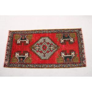 Turkish Vintage Rug 1.7x3.37 ft (52x103 cm), <b>Red</b> <b>Wool</b> Rug - Product Image 5