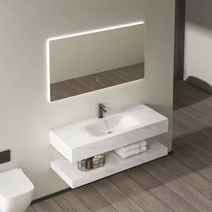 Mueble de Baño Moderno de Lujo con Lavabo de Pizarra, Gabinete Flotante de Pared, 2 Estantes, Tiradores de Acero Inoxidable, Hecho de Madera - Product Image 5