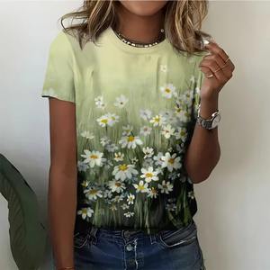 Camiseta con estampado 3D de flores de playa para mujer, camiseta de manga corta con gráfico de plantas coloridas, camisetas holgadas con cuello redondo para Calle de verano - Product Image 5