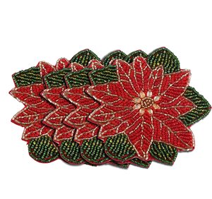 Posavasos con cuentas distintivas, Juego de 4 posavasos con forma de hojas de flores rojas únicas, posavasos bordado de 5 pulgadas con forma redonda - Product Image 1