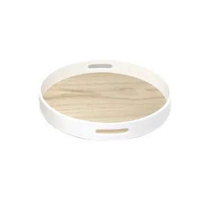 Plateau ottoman rond en bois de noyer noir extra large avec poignées pour servir le thé - Product Image 4