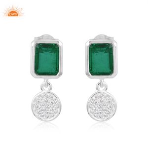 Dernières tendances en argent sterling fin Doublet émeraude zambienne Quartz & CZ Boucles d'oreilles en pierres précieuses Fabricant de bijoux personnalisé - Product Image 1