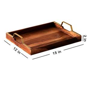 Bandeja de servicio de madera de acacia con mango dorado Bandeja de té de cocina de tamaño personalizado para servir alimentos y uso doméstico - Product Image 2