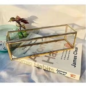 Boîte en verre rectangulaire longue de style nordique avec cadre en laiton doré, vitrine transparente pour rouleaux et œuvres d'art, organisateur de rangement de bureau - Product Image 6