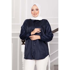 Túnica Azul Marino Jacquard para Mujer, Estilo Vintage Casual, Satén, Popelina, Lino, Algodón, Larga, con Encaje, Talla XL, Solapa, para Otoño y Primavera - Product Image 2