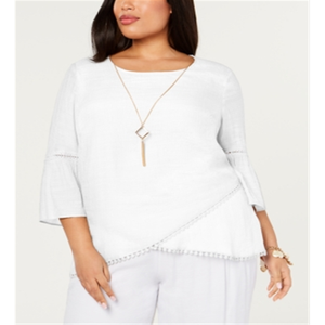 Jm Collection Plus Size Casual White Chiffon Necklace <b>Top</b> Size XL <b>Beaded</b> Crossover-Hem Loose Fit Print Design for Spring Season - Product Image 4