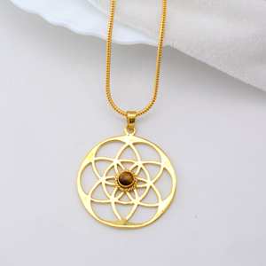Chakra Brass Pendant Gold Plated Sacred Geometry <b>Necklace</b> Tiger Eye Healing Jewelry Mandala Energy Pendant For <b>Women</b> - Product Image 2