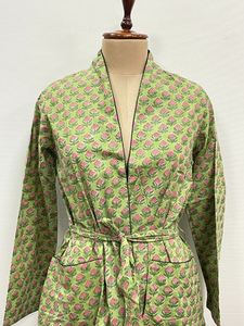 Indian Ethnic Handmade 100% Cotton Summer <b>Kimono</b> for <b>Women</b> Bathrobe Cover-Up Nightwear Full Length Printed V-neck Front - Product Image 5