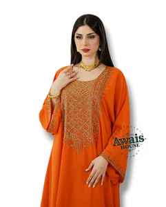 Robe Abaya Dubai Orange Modeste Simple en Broderie de Cristal de Luxe Faite à la Main avec Détails Perlés Afrique Moyen-Orient Islamique - Product Image 4