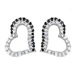 Trendy Vintage Religious 925 <b>Silver</b> Heart <b>Stud</b> <b>Earrings</b> for Women Rhodium Plated with Black & White Zircon & Pearl for Parties - Product Image 1
