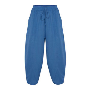 Blue High-Waist <b>Harem</b> <b>Trousers</b> Breathable Plain Dyed Relaxed Fit - Product Image 1