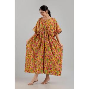 Robe longue ethnique jaune à imprimé floral, en pur coton, taille élastique, longueur genou, vêtements décontractés pour la journée - SHKUP1251 Tailles XS à XL - Product Image 4