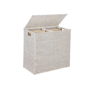 Handwoven Whitewash Water Hyacinth <b>Large</b> Double <b>Laundry</b> Hamper <b>with</b> <b>Lid</b> & Liner 2 Sections <b>Large</b> <b>Laundry</b> <b>Basket</b> from Vietnam - Product Image 1