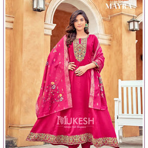 Robe Anarkali traditionnelle avec pantalon Dupatta Vichitra soie avec broderie lourde intérieure en coton idéal pour les mariages tenue de fête - Product Image 1