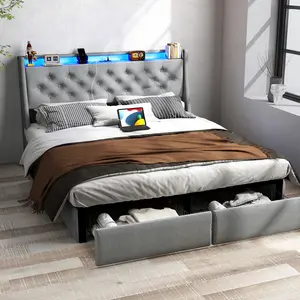 Armazón de cama de metal moderno con puerto USB y enchufe, 2 cajones de almacenamiento, iluminación led RGB