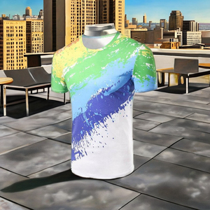 T-shirt décontracté en jersey grande taille pour homme, respirant, motif personnalisé, impression numérique, design multicolore délavé, anti-boulochage sur le devant - Product Image 1