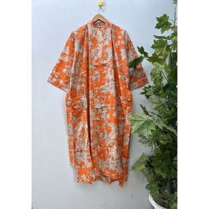 Robe kimono en coton à imprimé floral, peignoir imprimé au bloc avec col mandarin, respirant, taille unique, vêtement de loisirs - Product Image 2