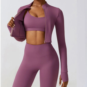 Ensemble de yoga deux pièces pour femmes en gros, ensemble de yoga uni en dentelle, haut court à fermeture éclair, veste de sport de yoga, entraînement physique, veste à fermeture éclair personnalisée - Product Image 6