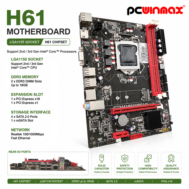 PCWINMAX Factory Price H61 LGA1155 DDR3 Desktop Motherboard with M.2 Slot OEM for Cost-Effective Office Computer Builds