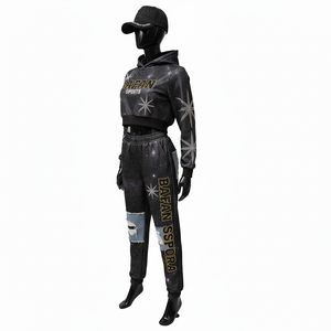 Ensemble de survêtement en polaire de polyester de haute qualité pour femmes, 280GSM, imprimé galaxie noir, panneau en denim, jogging, logo personnalisé, survêtement grande taille - Product Image 4