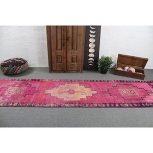 Tapis de couloir vintage, tapis turc 3,2x12,7 pieds, tapis en laine rose avec motifs de plantes et d'arbres - Product Image 3