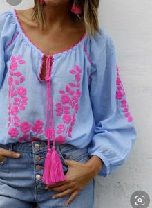 Blusa bordada mexicana de estilo bohemio para mujer, blusa de rayón de verano, transpirable, de secado rápido, 100%, algodón orgánico, patrón Floral - Product Image 5