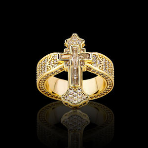 Bague pour homme en argent massif, plaqué or jaune, avec croix en moissanite et diamants de laboratoire, style hip-hop, sertie de pierres, bijou religieux chrétien - Product Image 1