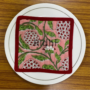 Quilted Piping Strawberry <b>Pink</b> <b>Coasters</b> 5x5" Hand Block Print Cotton Eco-Friendly Customized Thickness Boho Table Dcor Kitchen - Product Image 1