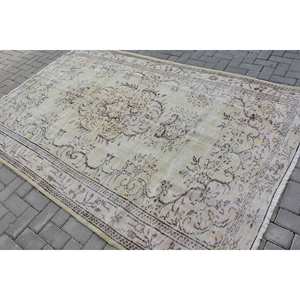 Alfombra turca Vintage de 5,6x8,6 pies, diseño de retales de lana verde y Beige, respaldo de látex para el hogar, sala de estar, estilo Rectangular-Tabriz - Product Image 4