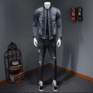 Chaqueta Vaquera Entallada de Moda para Hombre, Forro Polar Cálido para Invierno, Ropa Exterior Azul, Estilo Urbano, Casual, Rasgada, con Cuello Alto y Logotipo Frontal - Product Image 4