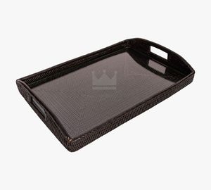 Plateau de service rectangulaire noir classique fait à la main en rotin tissé à la main écologique pour la cuisine et le stockage des aliments à la maison Bienvenue! - Product Image 1
