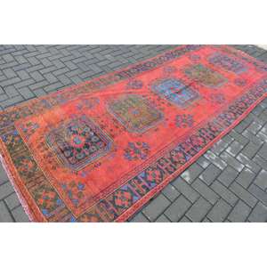 Turkish Vintage Rug, 4.5x11.3 ft <b>Runner</b> Rug, <b>Red</b> Blue Ikat Rug - Product Image 2
