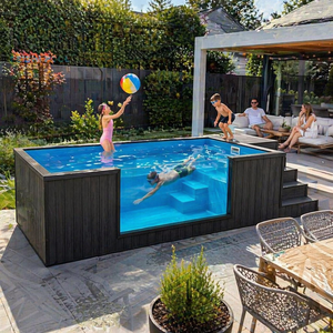 Rectangular Above Ground Wood Frame Swimming <b>Pool</b> Outdoor Family Spa <b>Pool</b> with Steps and Clear Blue Water - Product Image 1