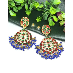 Handcrafted Blue Beaded Zinc Alloy Chandbali <b>Earrings</b> Gold Plated <b>Crystal</b> Rhinestone <b>Studded</b> Wedding Fashion Drop Design - Product Image 3