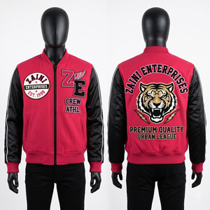 Chaqueta Bomber para Hombre, 320 GSM, Algodón, Poliéster, Forro Polar, Rojo y Negro, Mangas en Contraste, Bordado Chenille, Logotipo Personalizado, OEM, ODM - Product Image 1
