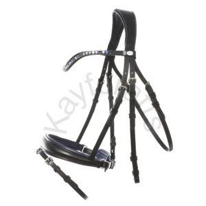 Brida elegante de Doma con banda para la nariz con manivela, tocado anatómico, banda para la frente de diamantes de imitación azul y correa Flash - Product Image 1