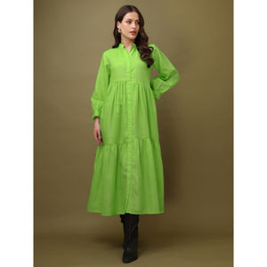 Purvaja Solid Ruffle Fit & Flare Maxi Dress para mujer, mezcla de algodón, mangas abullonadas completas, cuello en V, diseño acampanado escalonado - Product Image 3