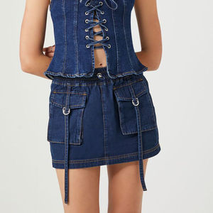 Taille haute Denim Lavé Solide Dames Jupe Poches Courtes Plissée Cargo Jupe Denim Jupes pour Femmes - Product Image 6