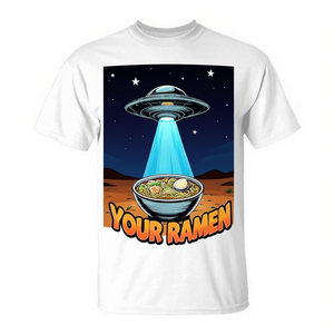 T-shirt promozionale divertente con stampa 'Portami al tuo assaggio diurno degli alieni con la zuppa di ramen' - Product Image 3
